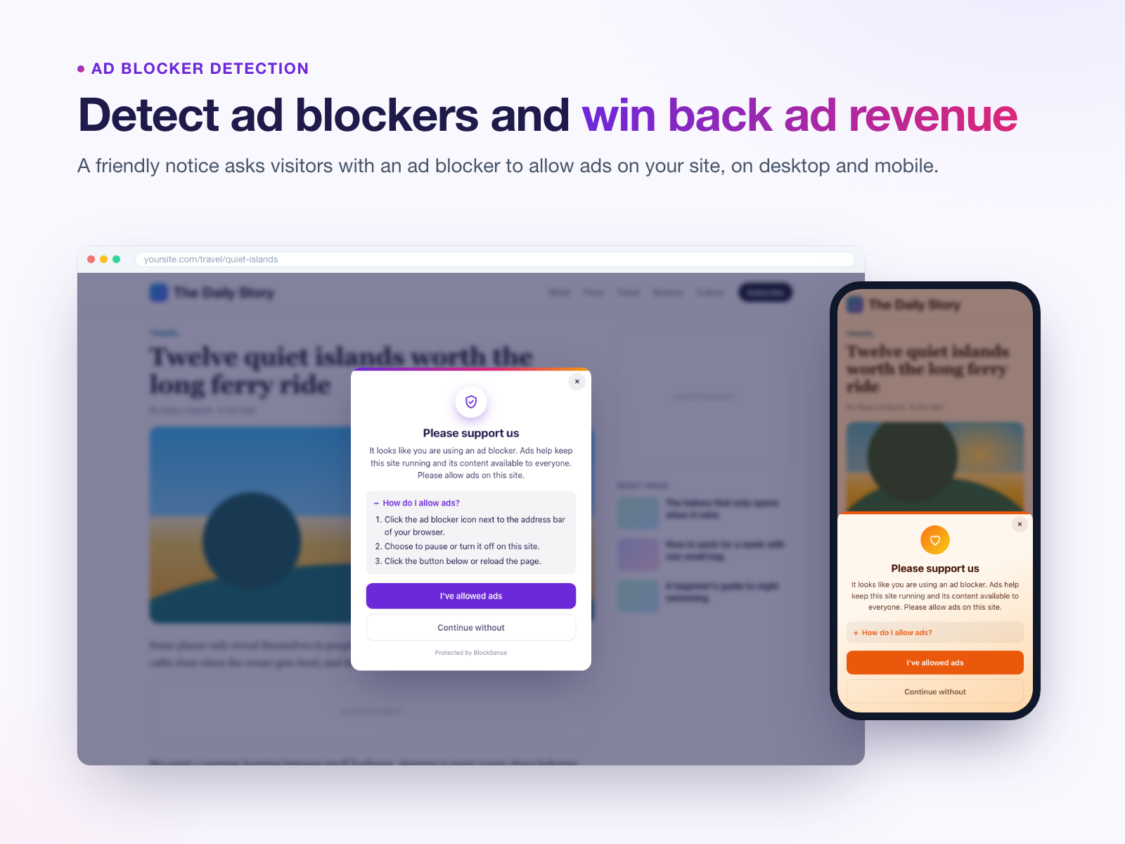 BlockSense notice on a blog page, on desktop and mobile