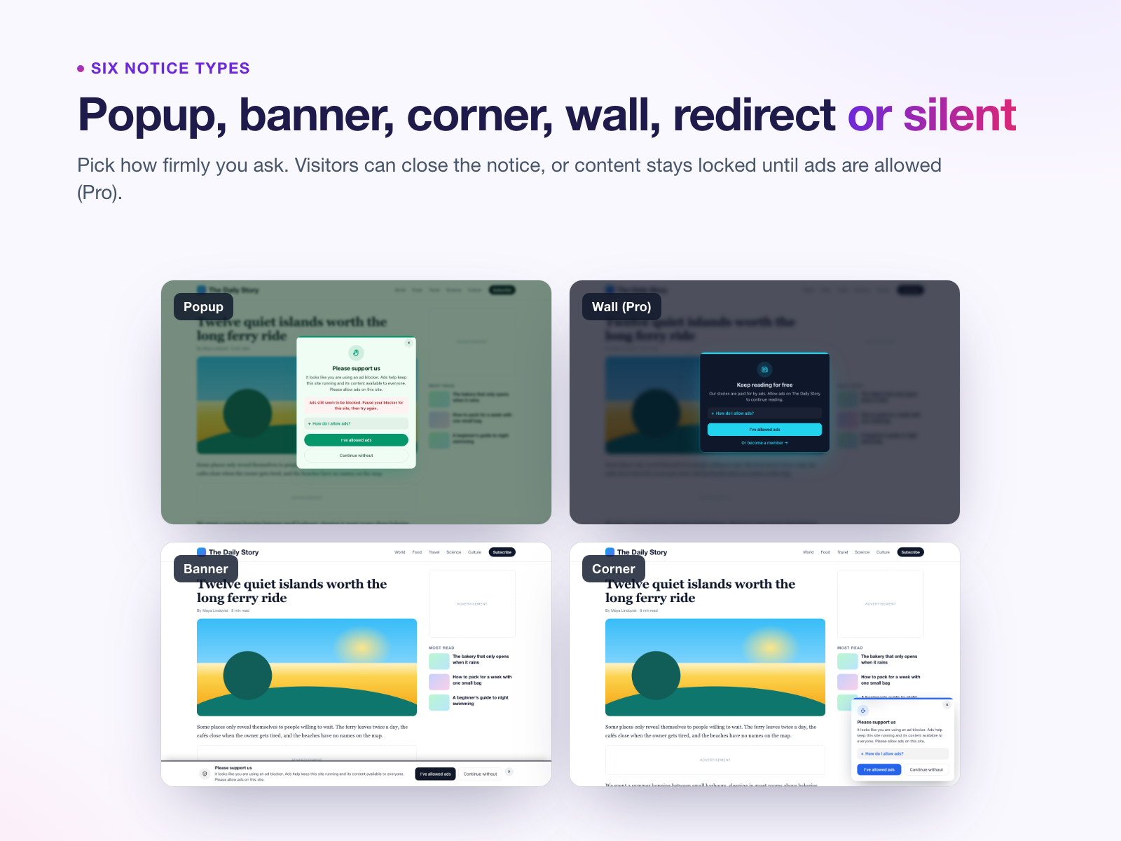 Popup, wall, banner and corner notices